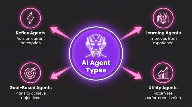 Infographic chart explaining four main AI Agent Types: Reflex, Goal-Based, Learning, and Utility Agents