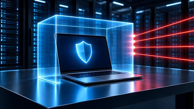 Endpoint cybersecurity concept with laptop protected by a glowing digital shield box blocking red laser attacks in a server room environment