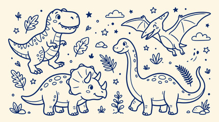 Cute Dinosaur Cartoon Illustration with Tyrannosaurus Rex Triceratops Brontosaurus and Pterodactyl © Romeryo