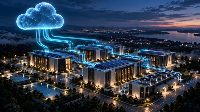 Hyperscale data center complex transmitting massive data streams to virtual cloud network at twilight
