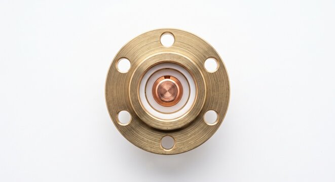 Rigid coaxial broadcast transmission line EIA flange. Solid brass ring with drilled mating holes and pure copper inner conductor bullet. High-power RF hardware.