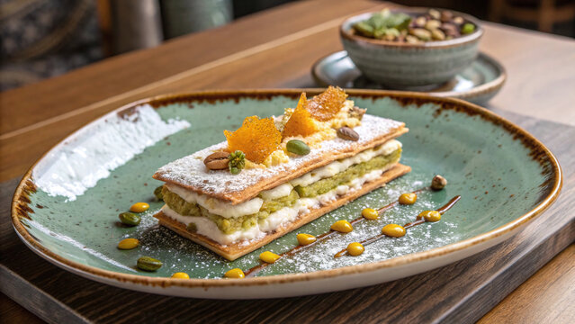 Photorealistic pistachio orange blossom millefeuille with crisp pastry, silky cream, candied citrus, kataifi and sugar pearls