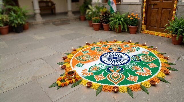 Traditional Indian rangoli design in tri-color flag pattern with Ashoka Chakra and oil lamps. Indian Independence Day decor and cultural celebration concept