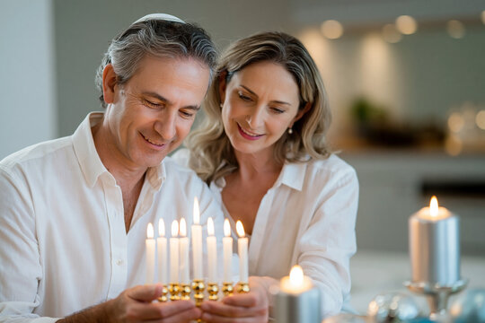 Middle-aged couple in white shirts lighting menorah candles together at home, warm lighting and modern kitchen visible in the background
