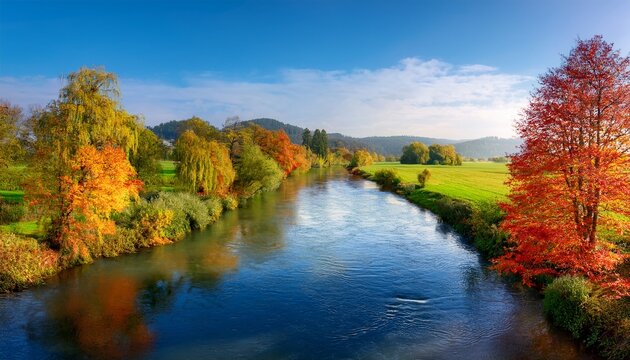 Idyllic Weissach River With Colorful Shrubs And Trees At The Riverside Landscape Kreuth Bavaria
