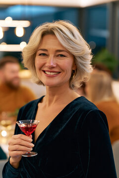 Mature Caucasian woman in elegant black dress smiles while holding a cocktail glass at a social gathering with blurred background of people and modern decor