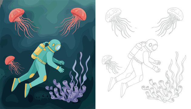 Scuba diver in a teal suit explores the deep ocean floor surrounded by purple tube sponges and floating orange jellyfish.