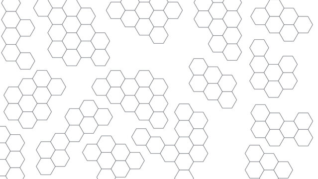 White hexagon outline pattern background with tight outlined hexagon groups. Elegant clustered surface texture for packaging, cover and presentation design.