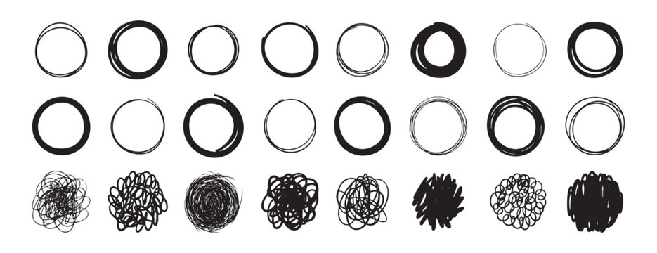 Dense tangled scribbles and imperfect circles convey frenetic thought, overlapping strokes create tension and motion, expressive texture suited for mental health themes, editorial and abstract art.