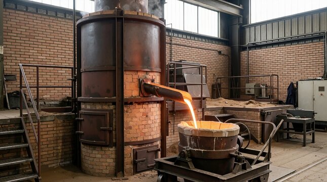 Cupola furnace pouring molten metal into ladle on cart in foundry workshop. Industrial metal melting and casting process on brick factory floor