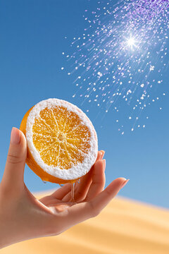 Hand holding a fresh orange slice with powdered sugar against a bright blue sky and sparkling sunlight in a sandy desert landscape