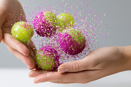 Hands holding colorful glitter balls in shades of green and purple, with sparkling glitter particles floating in the air against a light gray background