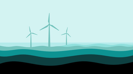 Fototapeta premium Minimalist illustration of offshore wind turbines standing in the ocean under a clear sky.
