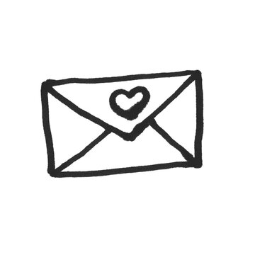 Hand Drawn Doodle Envelope with Heart Outline, Simple Black Ink Love Letter Line Art for Valentine and Greeting Card Design
