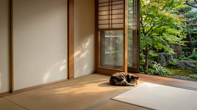 和風の庭園を望む縁側で丸くなって眠る三毛猫と畳の空間