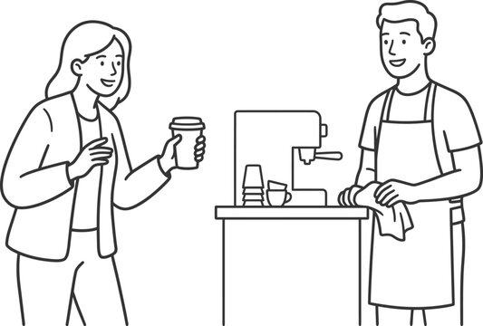 Minimalist Line Art of a Barista Serving Coffee to a Customer in a Modern Cafe Setting with Simple Black Outlines on White Background