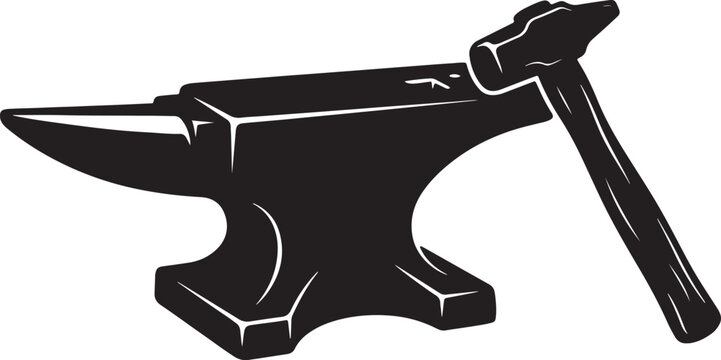 Blacksmith anvil and hammer vector icon, vintage metalwork equipment silhouette, industrial forge tool graphic for logo design