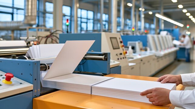 Paper folding and stitching on industrial printing line with precise machinery and blank booklets