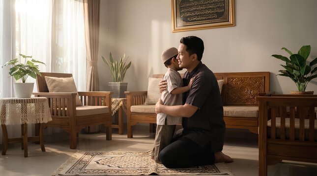 Indonesian father and son in traditional attire hugging at home.