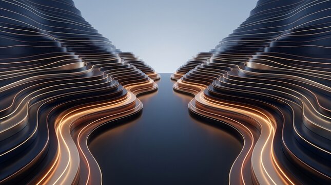 Financial market trend data valley background with gold contour wave lines, low angle perspective canyon leading to horizon vanishing point for fintech trading investment and crypto analytics