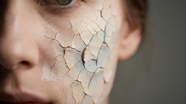 Macro close-up of human face with cracked dry mud skin texture effect.