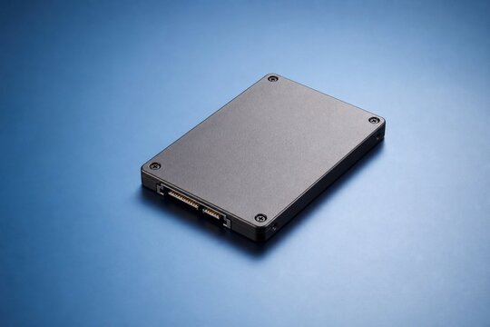 Modern solid state drive SSD on a blue gradient background, data storage