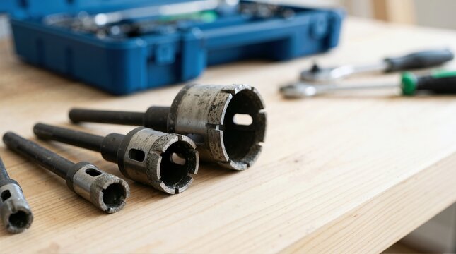 Diamond hole saw drill bits on wooden workbench. Core drill bits for tile and stone cutting in workshop setting