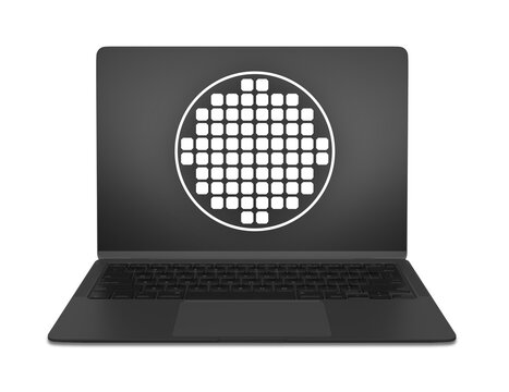 Ordenador port&aacute;til negro abierto sobre fondo blanco con pantalla gris y un gr&aacute;fico redondo vectorial que incluye png transparente para proyectos digitales y tecnol&oacute;gicos modernos.