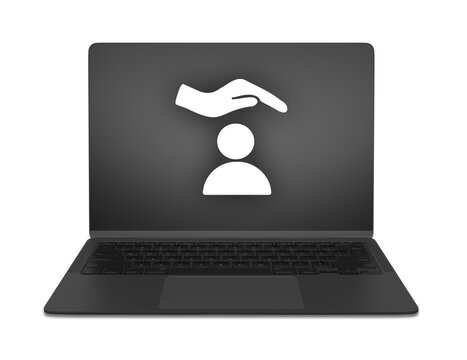Una elegante computadora port&aacute;til negra muestra un icono de protecci&oacute;n personal con png transparente, simbolizando la seguridad y el cuidado digital de los usuarios de internet.