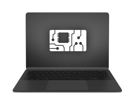 Ordenador port&aacute;til negro con pantalla brillante que muestra un icono de microchip. S&iacute;mbolo de innovaci&oacute;n inform&aacute;tica, hardware y tecnolog&iacute;a. Incluye png transparente.