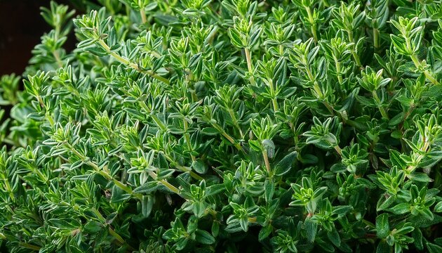 Detail Of Foliage Of Aromatic Green Thyme Bush As Floral Background Thymus Vulgaris Faustini L