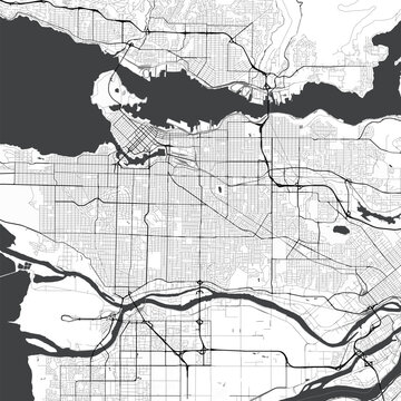 Minimal vector city map of Vancouver with streets, parks and waterfront