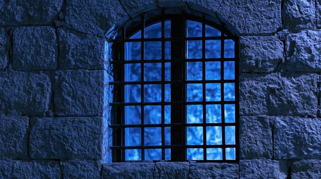 Arched window with iron bars in a stone wall illuminated by moonlight