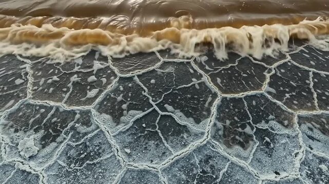 Amber liquid wave flooding over cracked salt flat texture