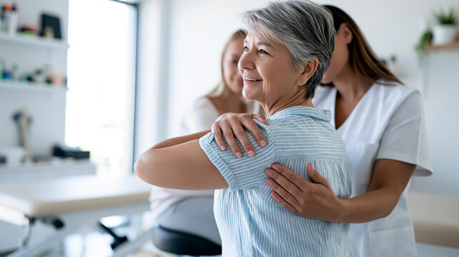 Bright modern clinic cropped frame of a physical therapist supporting a senior woman shoulder during a rehabilitation exercise adjustable stool light treatment table wall shelf with