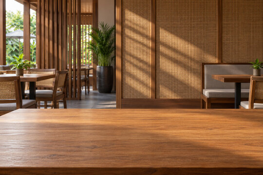 Empty dark wooden table in Japanese restaurant interior with warm sunlight