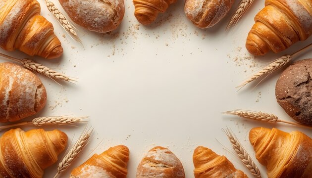 Warm bakery-themed composition featuring golden croissants, fresh bread rolls, cookies, and wheat stalks arranged around a clean central area, creating an inviting frame with generous copy space.