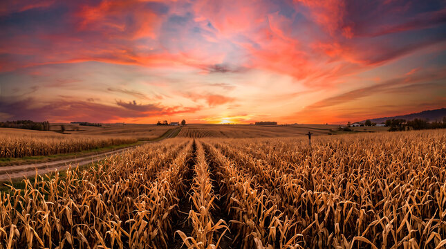 Autumn cornfield landscape, dramatic Halloween sunset over rural farmland, seasonal background for harvest marketing