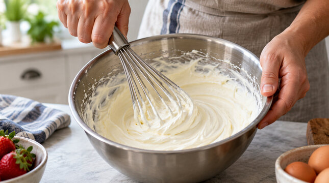 Manos batiendo crema con varillas en recipiente met&aacute;lico