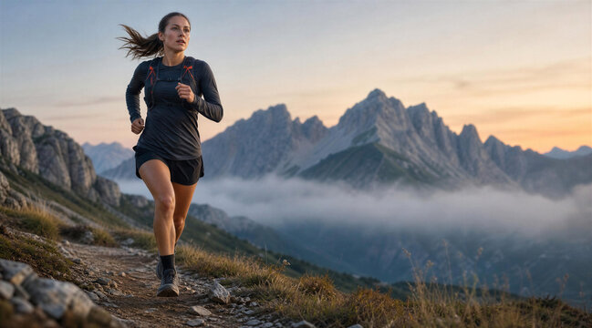 Active woman trail running on mountain path at sunrise.