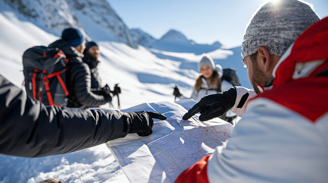 Bright snowy mountain basin back view of winter hikers gathered around an open paper trail map gloved hands pointing at the route backpacks and poles white slopes and clear blue sky