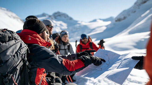 Bright snowy mountain basin back view of winter hikers gathered around an open paper trail map gloved hands pointing at the route backpacks and poles white slopes and clear blue sky