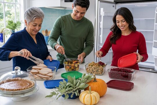 Family storing Thanksgiving meal leftovers into glass containers in a kitchen. People packing turkey, stuffing, cranberry sauce, and vegetables for food storage. Holiday meal prep concept