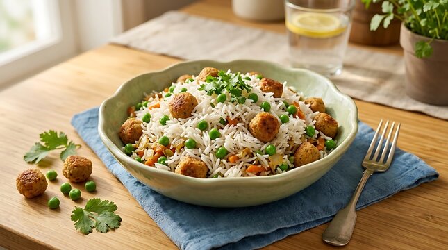 Gourmet basmati rice bowl with meatballs and green peas. Healthy mediterranean rice dish with herbs. Nutritious lunch meal on wooden table.
