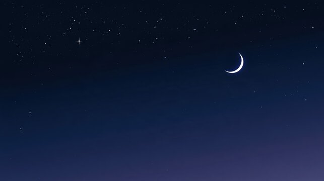 A serene night sky with a crescent moon and scattered stars