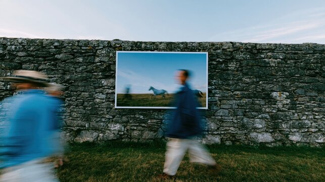 Blank signage board with a horse portrait on a weathered stone wall, featuring motion blur of people passing by for an outdoor mockup