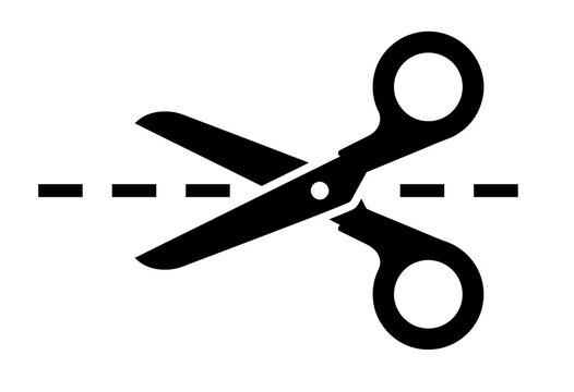 Black icon of scissors cutting along a dashed line with cut here dotted line cut out paper craft black white scissors