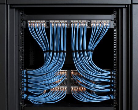 Network cabinet with routed blue cables and patch panels