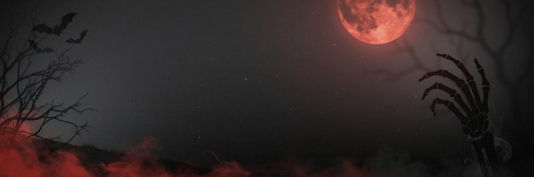 Halloween Night Landscape Background Concept - Glowing Red Blood Moon, Creepy Zombie Skeleton Hand, Flying Bats, Dark Spooky Fog and Bare Tree Silhouette for Panoramic Web Banners, Horror Atmosphere