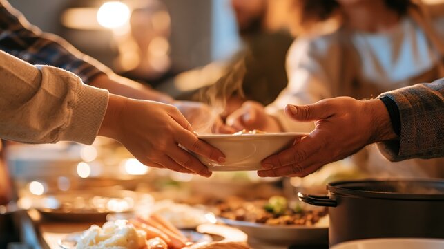 Hands passing a steaming bowl of food at a festive family gathering
